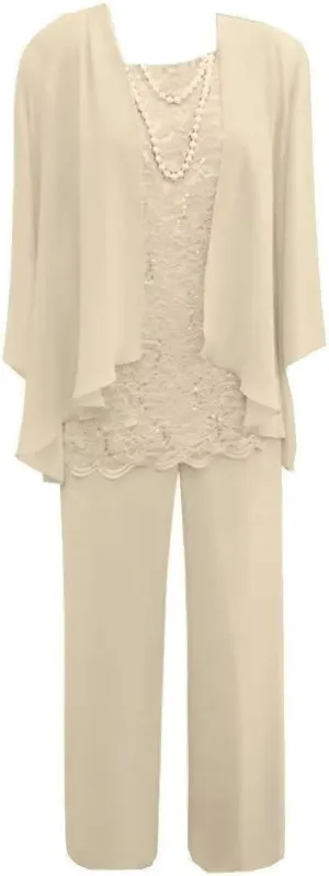 Women's 3 Pieces Mother of The Bride Dress Pant Suits Lace Wedding Guest Dress with Jacket