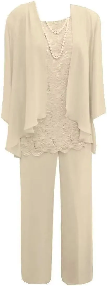Women's 3 Pieces Mother of The Bride Dress Pant Suits Lace Wedding Guest Dress with Jacket