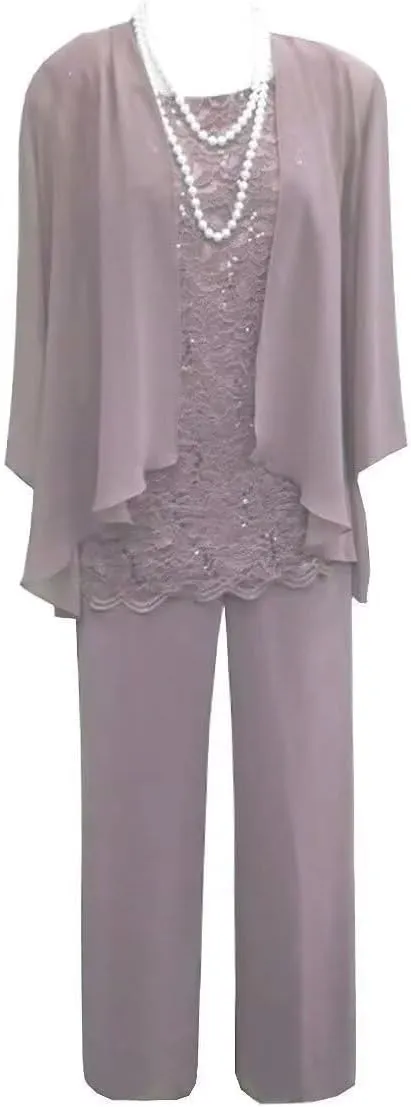 Women's 3 Pieces Mother of The Bride Dress Pant Suits Lace Wedding Guest Dress with Jacket