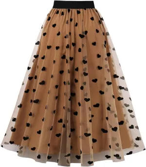 Women's A-Line Fairy Elastic Waist Tulle Midi Skirt Long Length Dressy Casual Trendy Summer Embroidered Mesh Skirts
