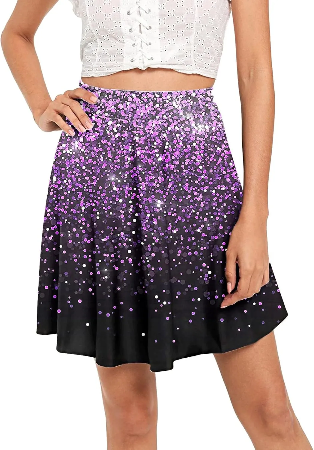 Womens A Line Midi Skirt High Elastic Waist Sequin Skirts Pleated Ruffle Hem Mini Vintage Elegant Casual Skirts