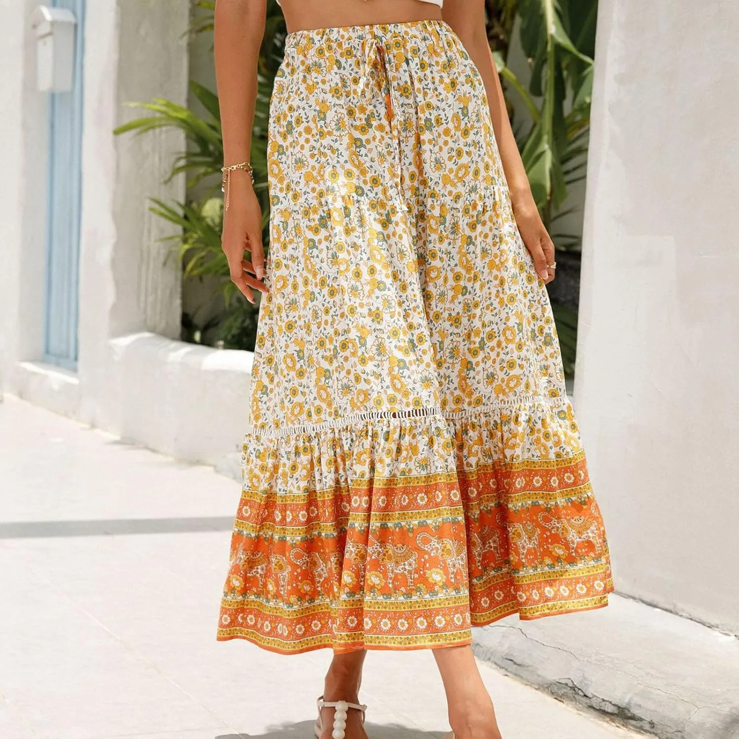 Womens Boho Floral Tie Up Waist Summer Beach Wrap Cover Up Maxi Skirt Full Length A-Line Stretchy Flared Casual Skirt