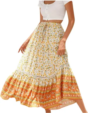 Womens Boho Floral Tie Up Waist Summer Beach Wrap Cover Up Maxi Skirt Full Length A-Line Stretchy Flared Casual Skirt
