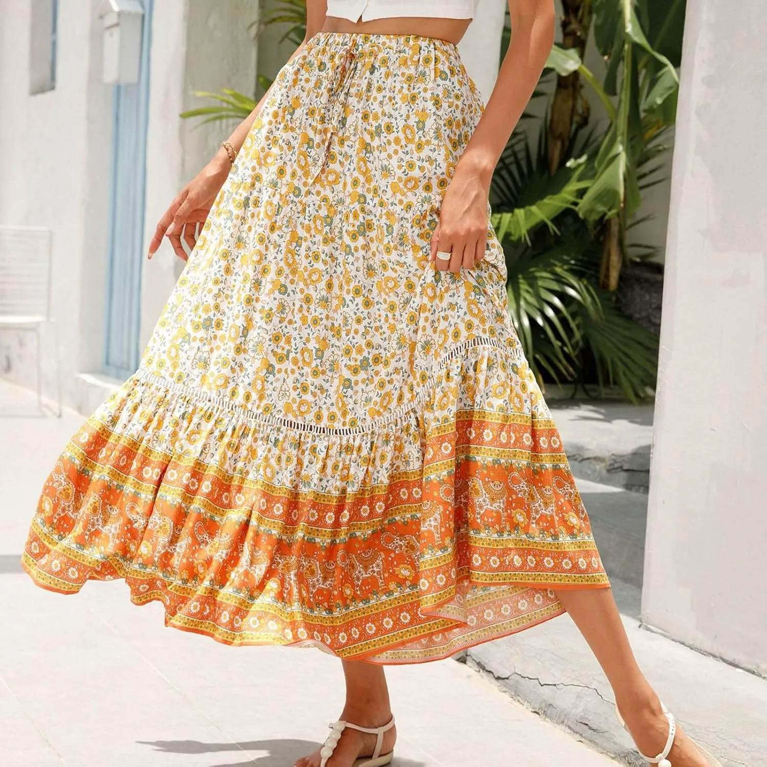 Womens Boho Floral Tie Up Waist Summer Beach Wrap Cover Up Maxi Skirt Full Length A-Line Stretchy Flared Casual Skirt