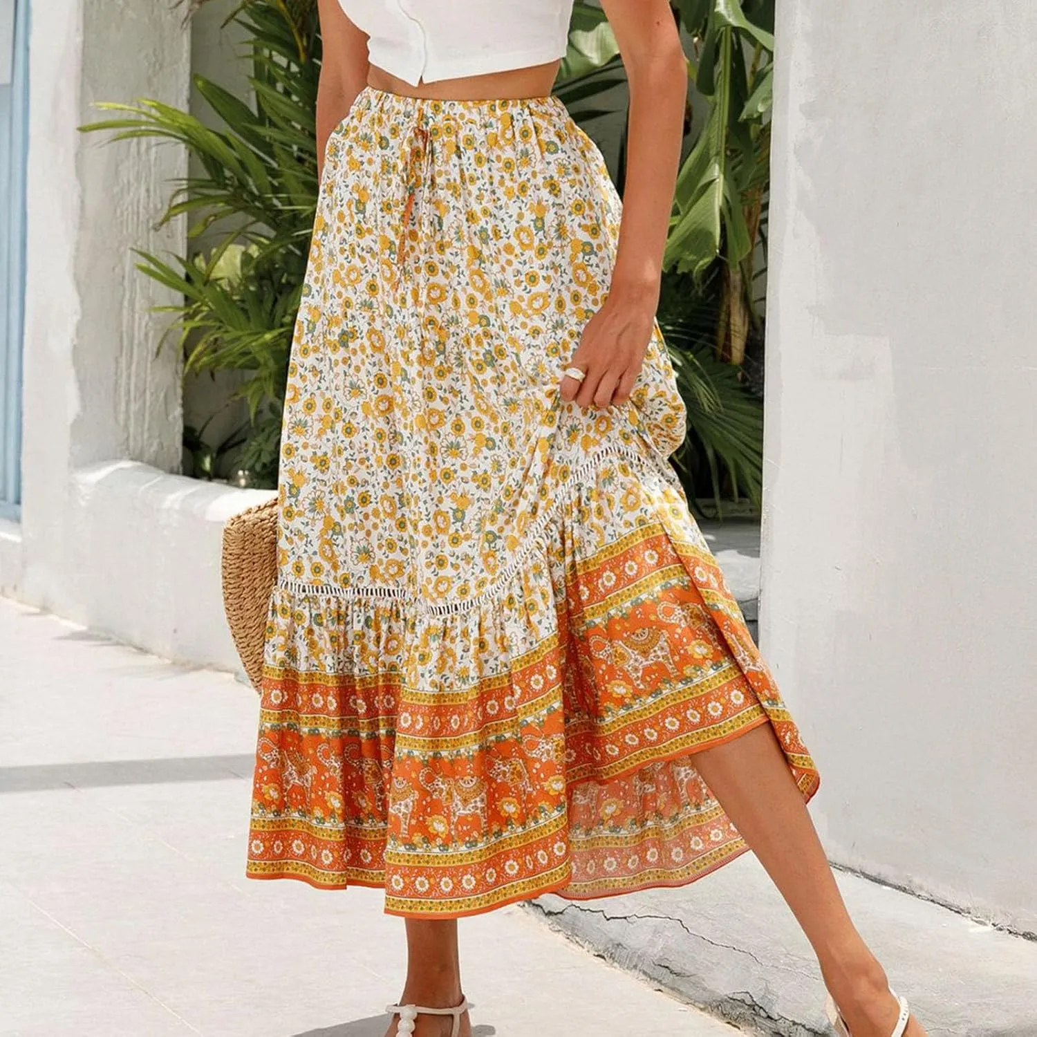 Womens Boho Floral Tie Up Waist Summer Beach Wrap Cover Up Maxi Skirt Full Length A-Line Stretchy Flared Casual Skirt
