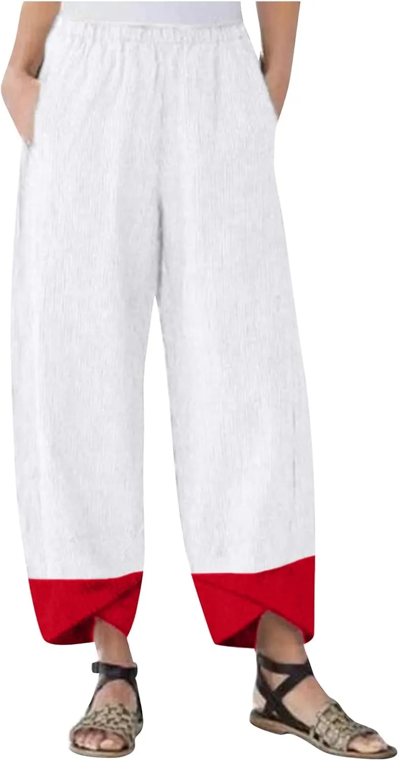 Women's Capri Pants Casual Summer Cotton Linen Cropped Tulip Lounge Trousers Comfy Baggy with Pockets Palazzo