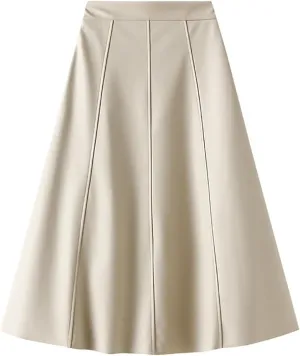 Women's Casual A-Line Flare Pleated Faux Leather Skater Skirts 50s Vintage Skirt Knee Length Ruched Flowy Midi Skirt