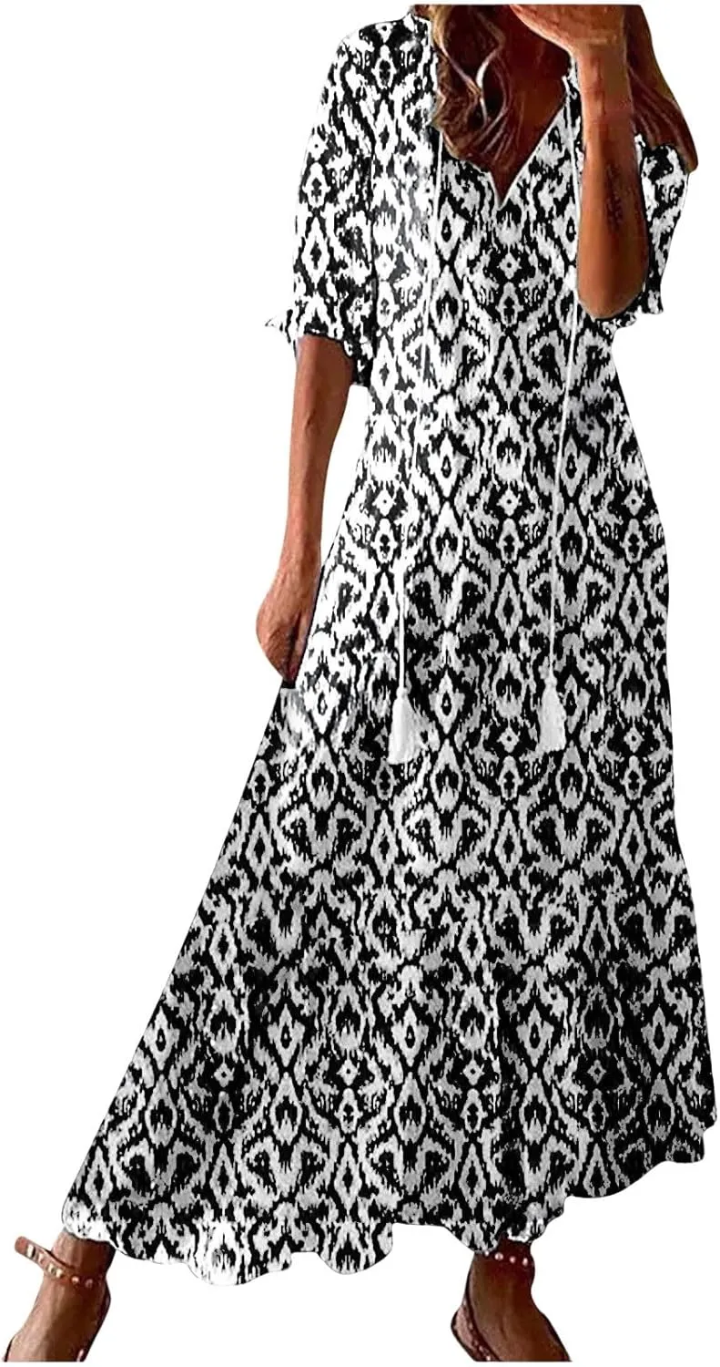 Women's Casual Loose Boho Floral Dresses 2025 Short Sleeve Drawstring V Neck Ruffle A Line Flowy Summer Beach Maxi Dress