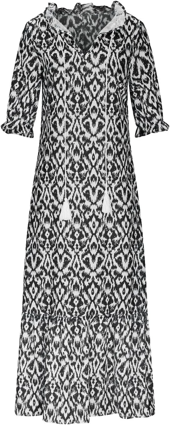 Women's Casual Loose Boho Floral Dresses 2025 Short Sleeve Drawstring V Neck Ruffle A Line Flowy Summer Beach Maxi Dress