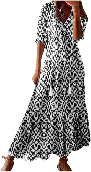 Women's Casual Loose Boho Floral Dresses 2025 Short Sleeve Drawstring V Neck Ruffle A Line Flowy Summer Beach Maxi Dress