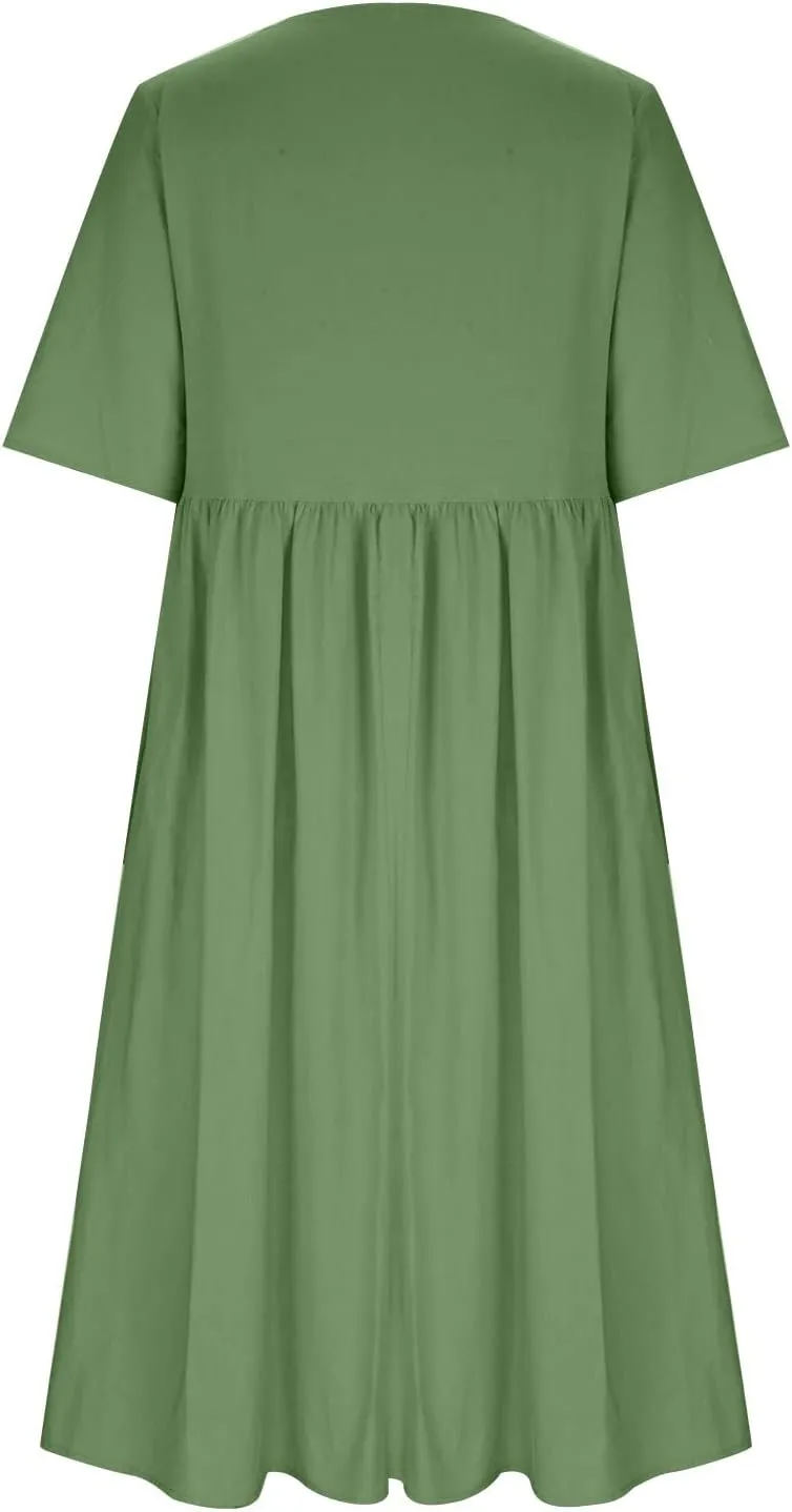 Women's Cotton Linen Ruched Tshirt Dress Dandelion Print Casual Plus Size Midi Dresses Beach Flowy Dress with Pocket