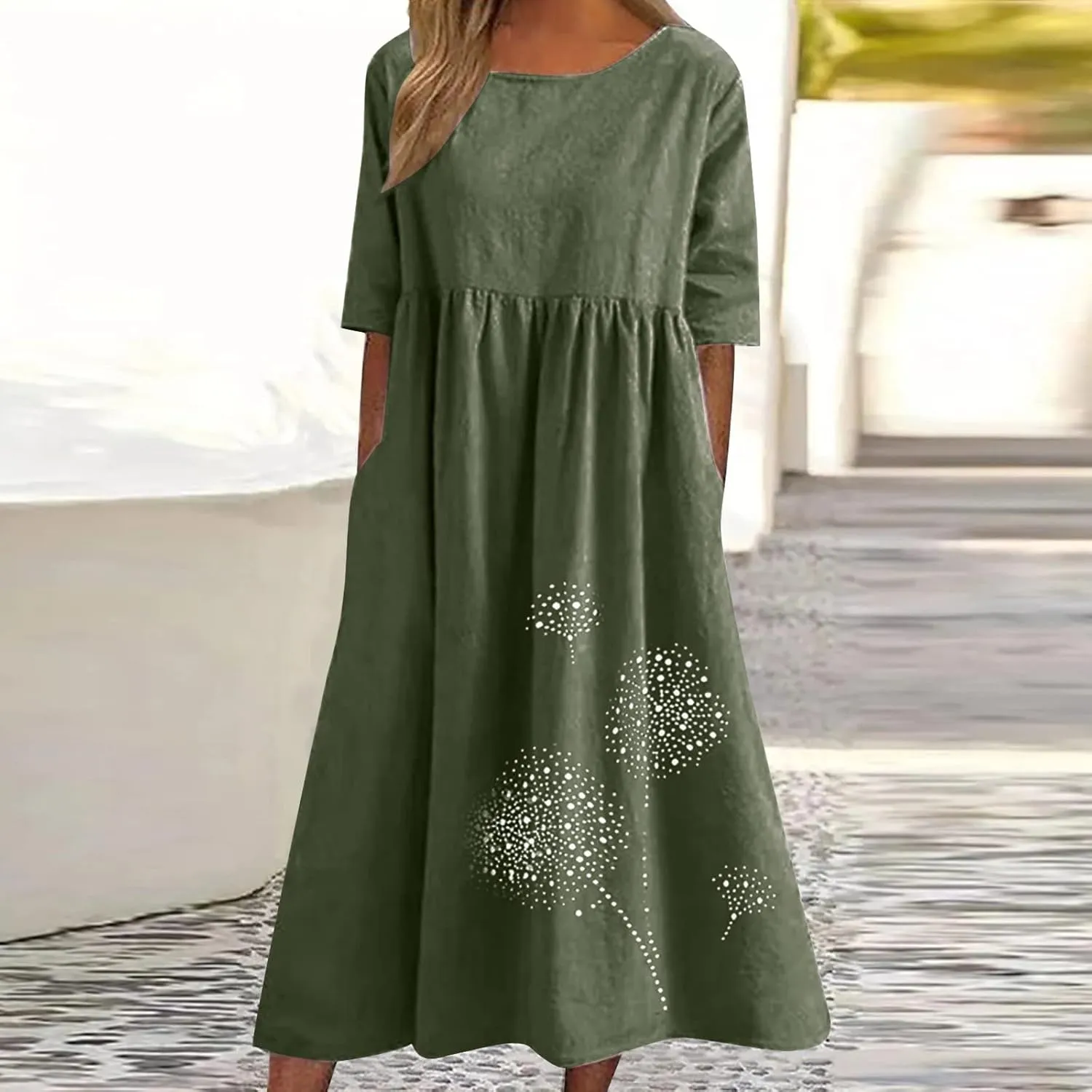 Women's Cotton Linen Ruched Tshirt Dress Dandelion Print Casual Plus Size Midi Dresses Beach Flowy Dress with Pocket