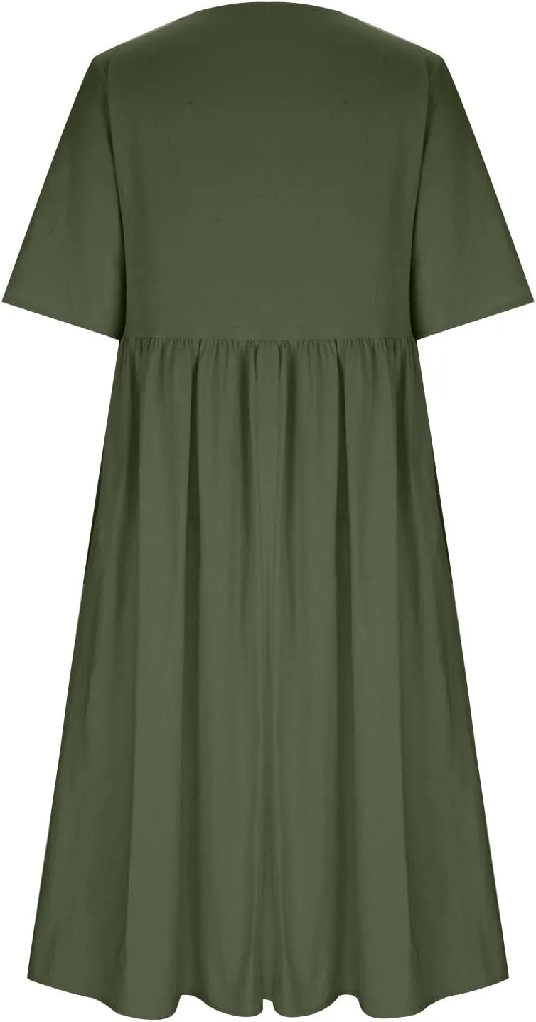 Women's Cotton Linen Ruched Tshirt Dress Dandelion Print Casual Plus Size Midi Dresses Beach Flowy Dress with Pocket