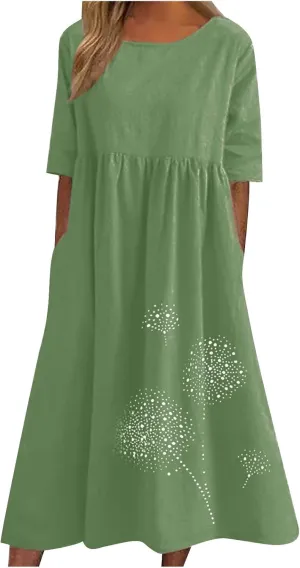 Women's Cotton Linen Ruched Tshirt Dress Dandelion Print Casual Plus Size Midi Dresses Beach Flowy Dress with Pocket