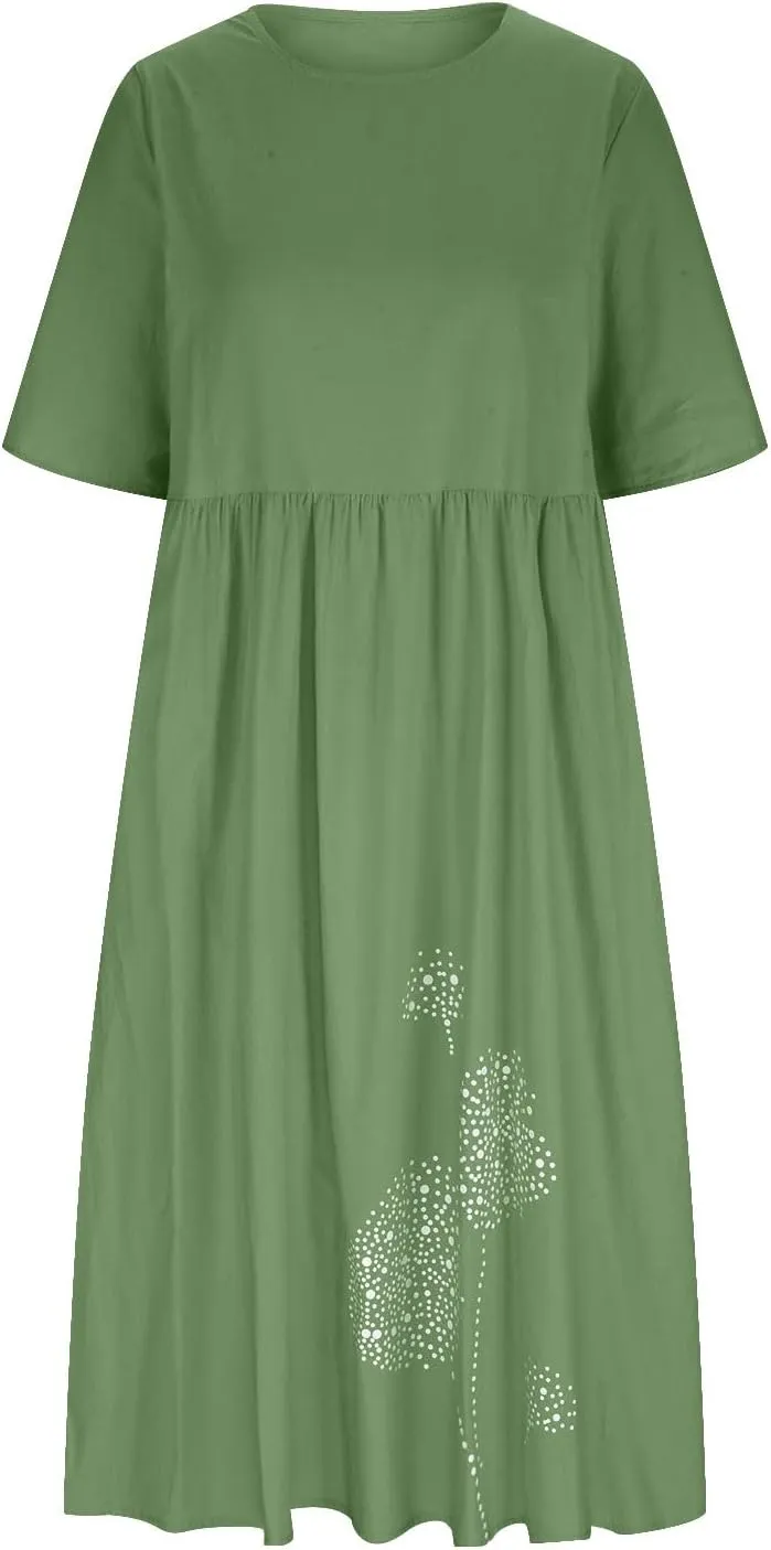 Women's Cotton Linen Ruched Tshirt Dress Dandelion Print Casual Plus Size Midi Dresses Beach Flowy Dress with Pocket