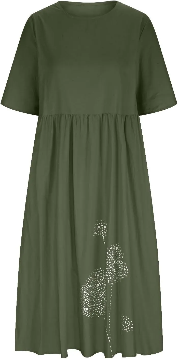 Women's Cotton Linen Ruched Tshirt Dress Dandelion Print Casual Plus Size Midi Dresses Beach Flowy Dress with Pocket