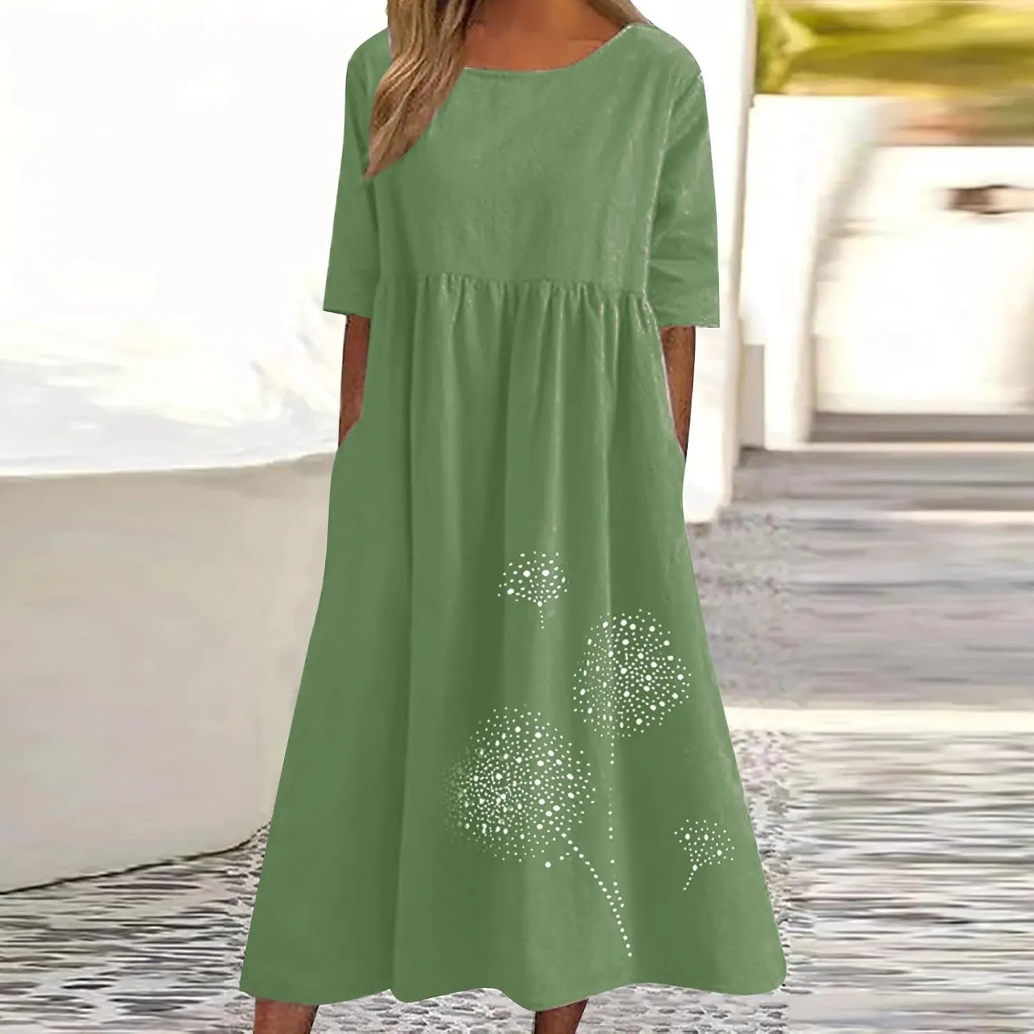 Women's Cotton Linen Ruched Tshirt Dress Dandelion Print Casual Plus Size Midi Dresses Beach Flowy Dress with Pocket