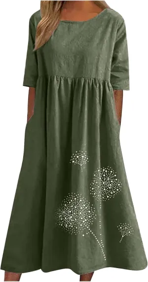 Women's Cotton Linen Ruched Tshirt Dress Dandelion Print Casual Plus Size Midi Dresses Beach Flowy Dress with Pocket
