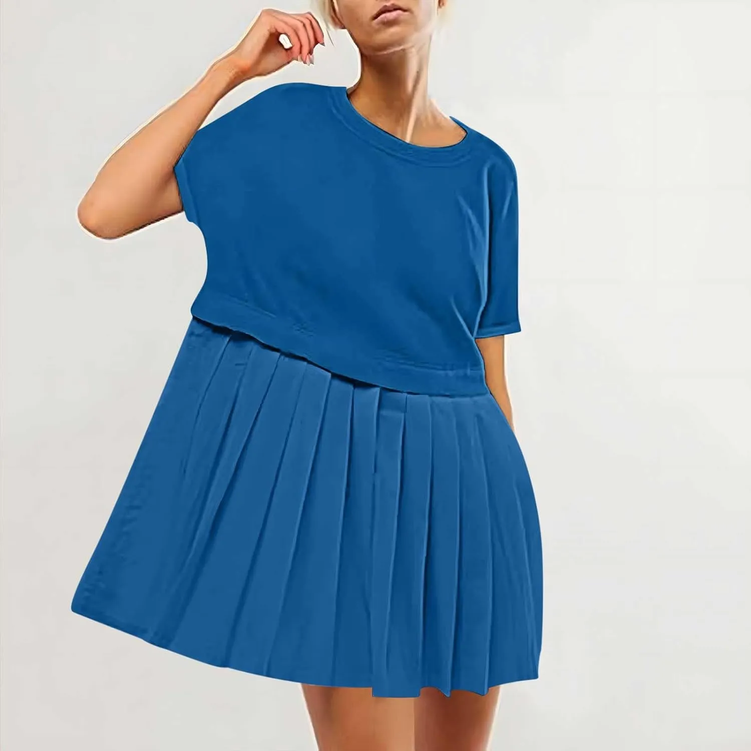 Womens Cute Splicing Sweatshirt Dress Summer Ruffle A Line Babydoll Dress Short Sleeve Athletic Tennis Mini Dresses
