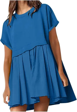 Womens Cute Splicing Sweatshirt Dress Summer Ruffle A Line Babydoll Dress Short Sleeve Athletic Tennis Mini Dresses