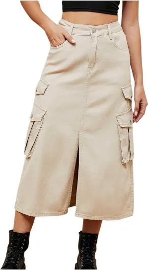 Womens Denim Long Skirts Slit Front Midi Cargo Y2k Casual Jean Skirts High Waisted Denim Jean Skirt with Pockets