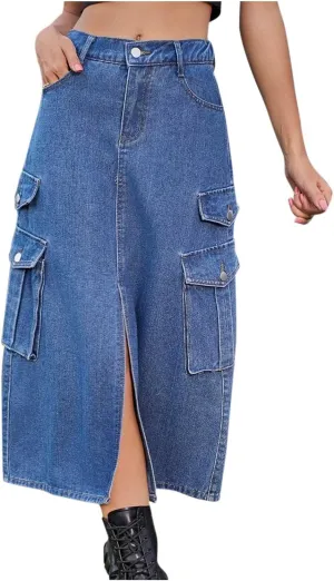 Womens Denim Long Skirts Slit Front Midi Cargo Y2k Casual Jean Skirts High Waisted Denim Jean Skirt with Pockets
