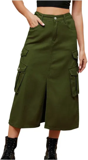 Womens Denim Long Skirts Slit Front Midi Cargo Y2k Casual Jean Skirts High Waisted Denim Jean Skirt with Pockets
