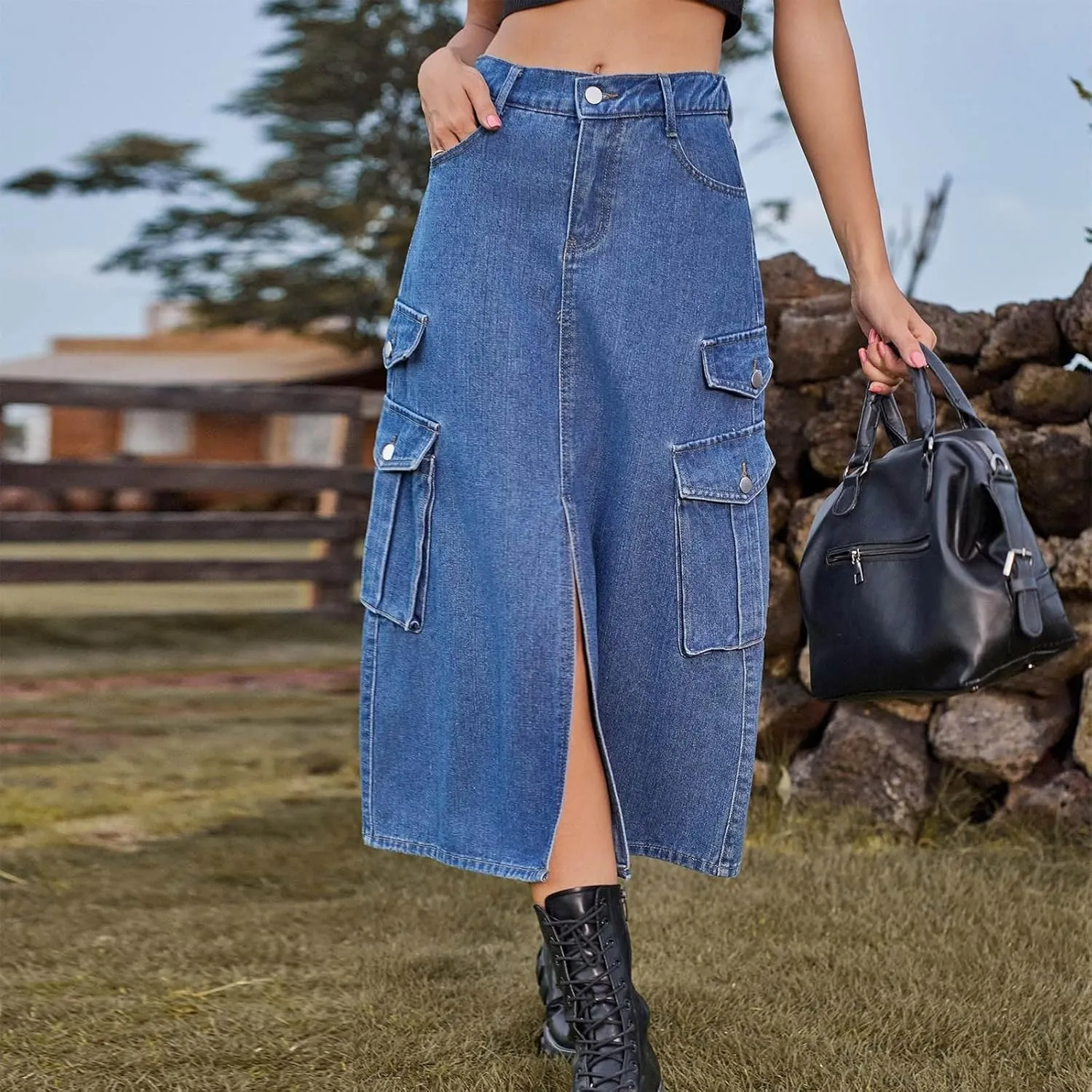 Womens Denim Long Skirts Slit Front Midi Cargo Y2k Casual Jean Skirts High Waisted Denim Jean Skirt with Pockets
