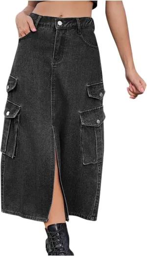Womens Denim Long Skirts Slit Front Midi Cargo Y2k Casual Jean Skirts High Waisted Denim Jean Skirt with Pockets