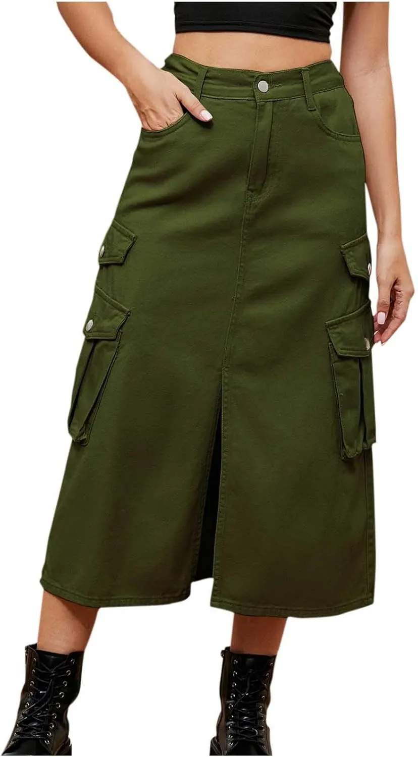 Womens Denim Long Skirts Slit Front Midi Cargo Y2k Casual Jean Skirts High Waisted Denim Jean Skirt with Pockets