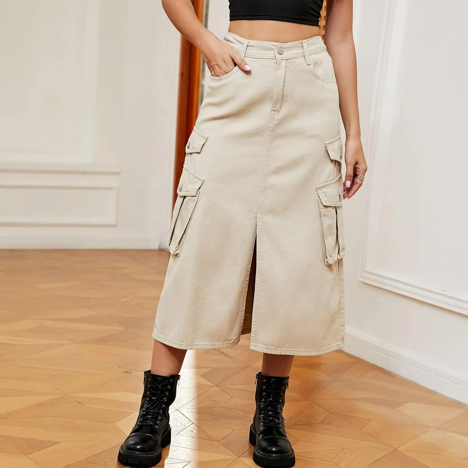 Womens Denim Long Skirts Slit Front Midi Cargo Y2k Casual Jean Skirts High Waisted Denim Jean Skirt with Pockets