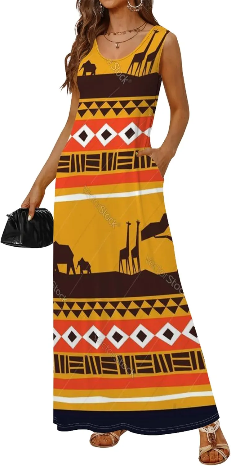 Women's Dress Summer Maxi Dress Casual African Style Graphic Print Sleeveless Tank Dress Loose Flowy Beach Sundress