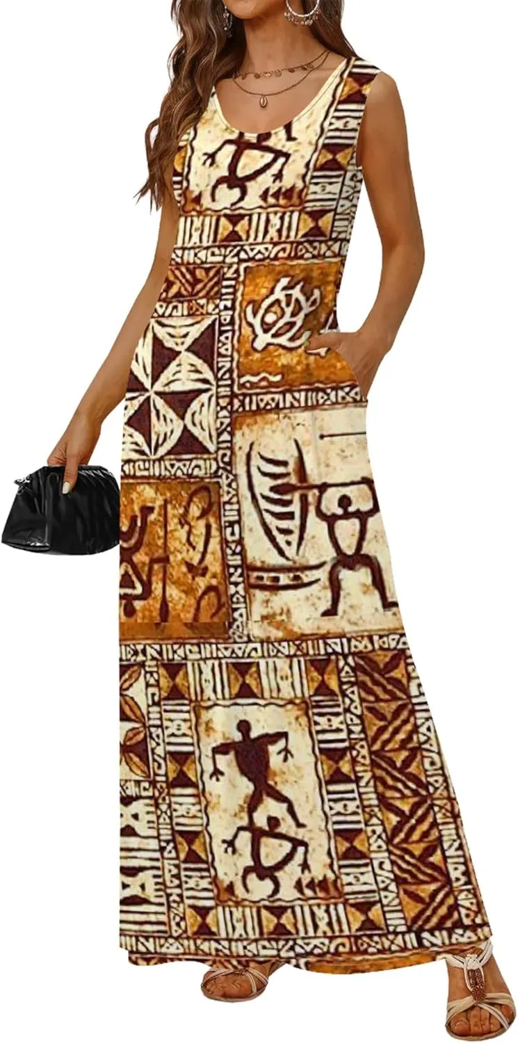 Women's Dress Summer Maxi Dress Casual African Style Graphic Print Sleeveless Tank Dress Loose Flowy Beach Sundress