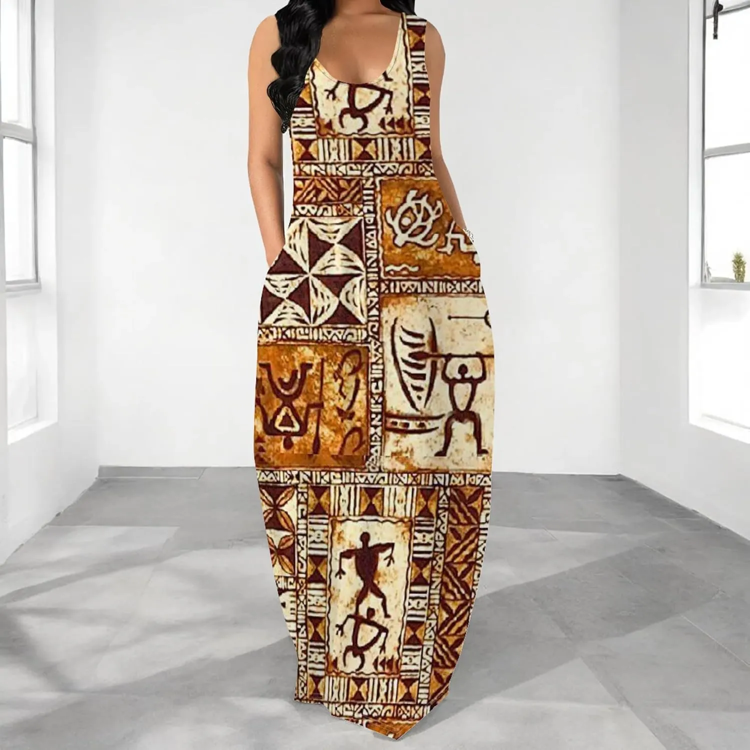 Women's Dress Summer Maxi Dress Casual African Style Graphic Print Sleeveless Tank Dress Loose Flowy Beach Sundress
