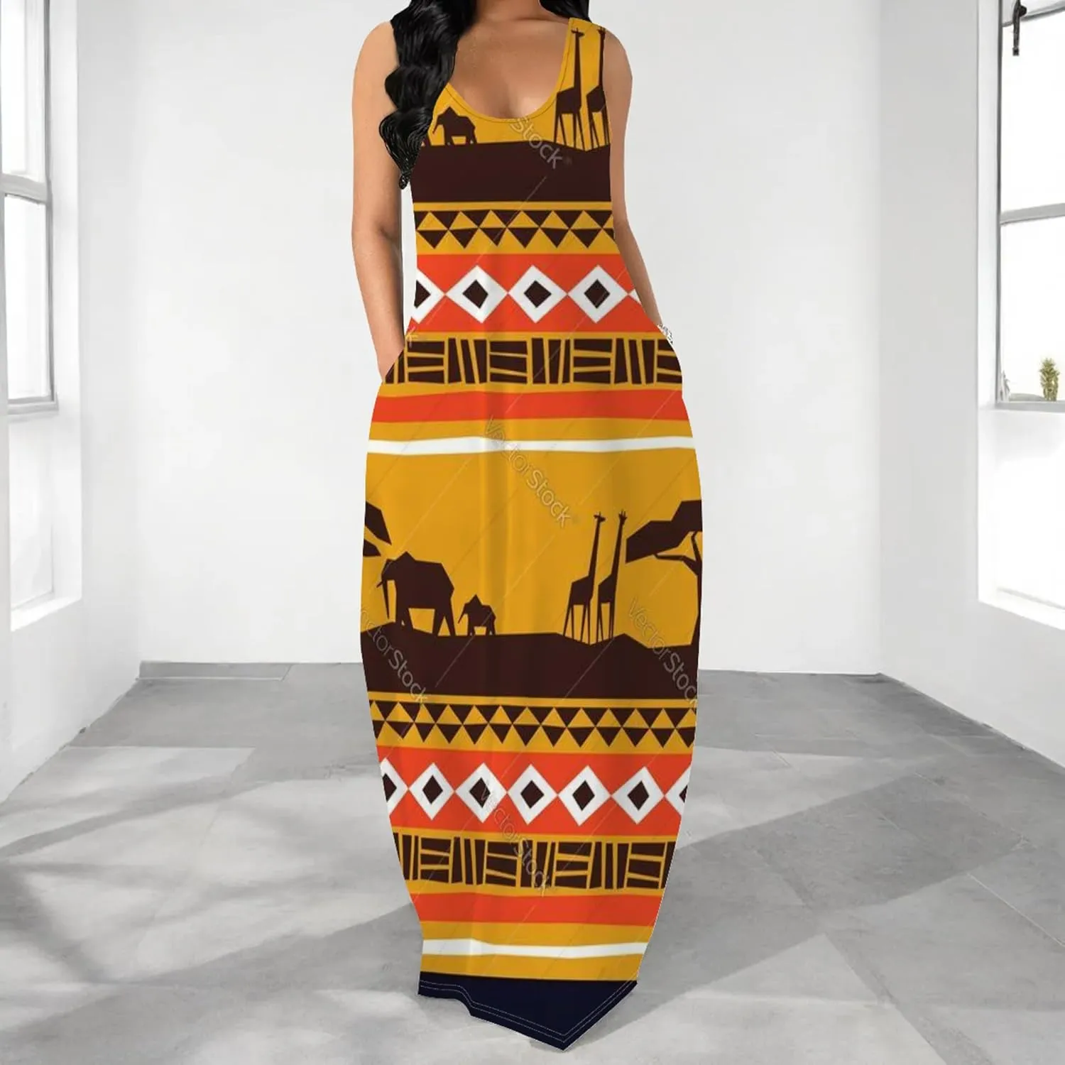Women's Dress Summer Maxi Dress Casual African Style Graphic Print Sleeveless Tank Dress Loose Flowy Beach Sundress