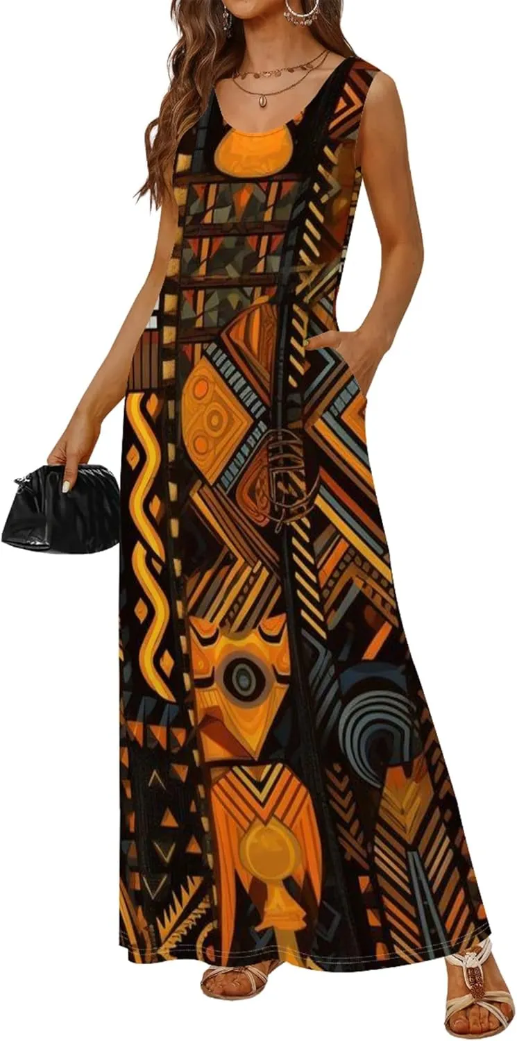 Women's Dress Summer Maxi Dress Casual African Style Graphic Print Sleeveless Tank Dress Loose Flowy Beach Sundress