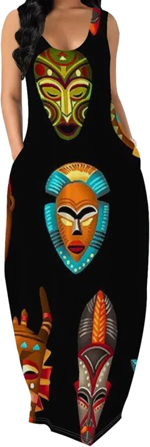 Women's Dress Summer Maxi Dress Casual African Style Graphic Print Sleeveless Tank Dress Loose Flowy Beach Sundress