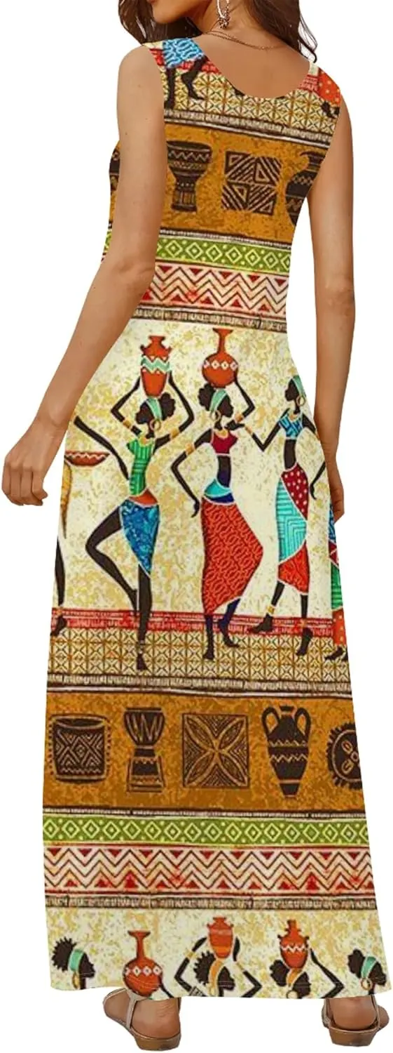 Women's Dress Summer Maxi Dress Casual African Style Graphic Print Sleeveless Tank Dress Loose Flowy Beach Sundress