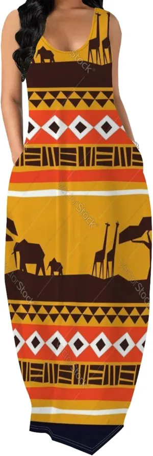 Women's Dress Summer Maxi Dress Casual African Style Graphic Print Sleeveless Tank Dress Loose Flowy Beach Sundress