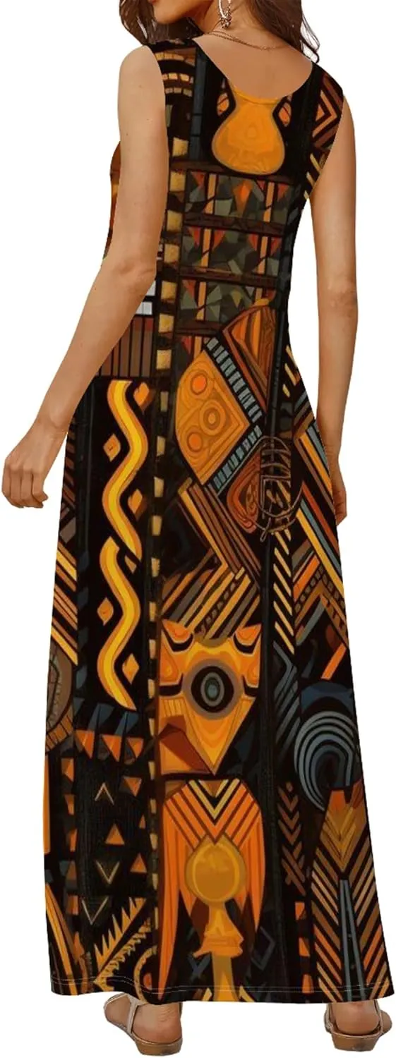 Women's Dress Summer Maxi Dress Casual African Style Graphic Print Sleeveless Tank Dress Loose Flowy Beach Sundress
