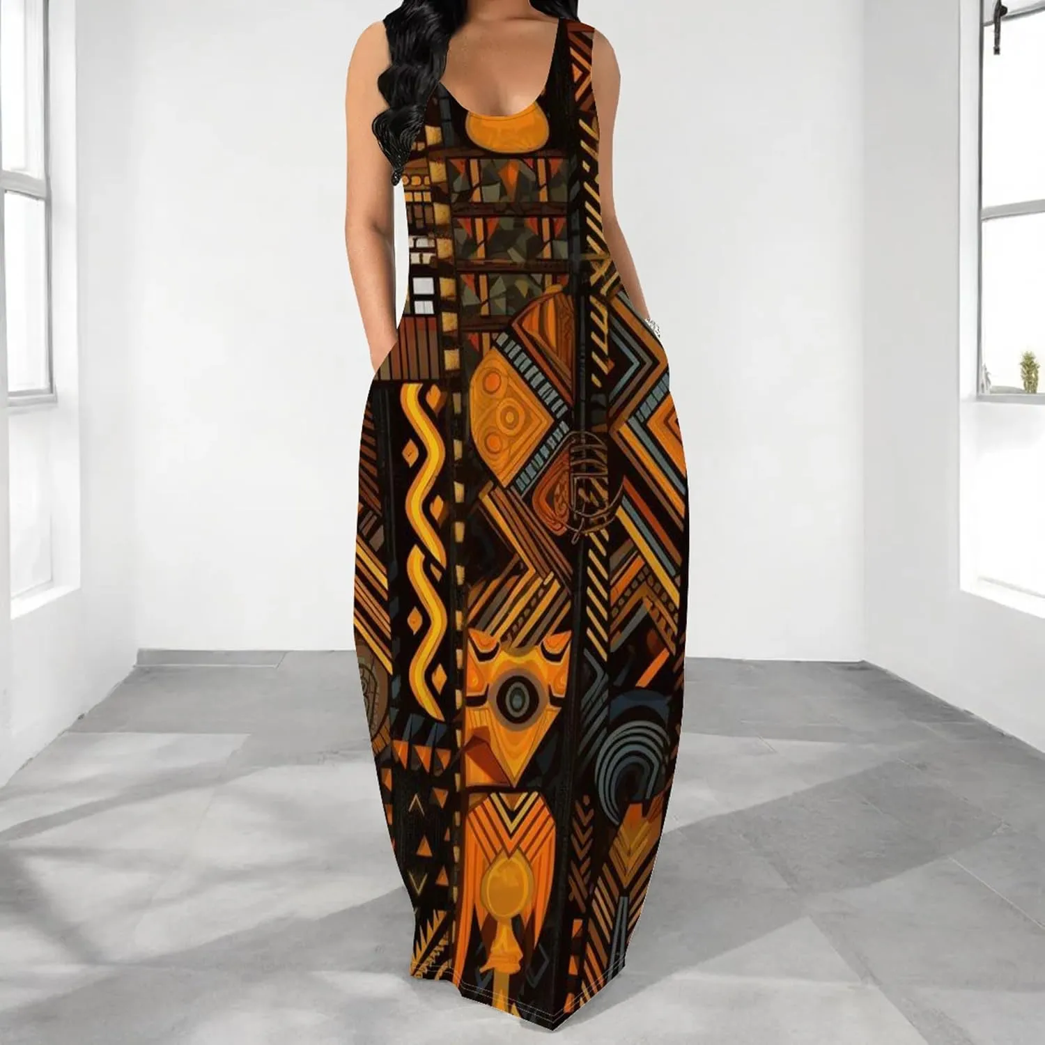 Women's Dress Summer Maxi Dress Casual African Style Graphic Print Sleeveless Tank Dress Loose Flowy Beach Sundress