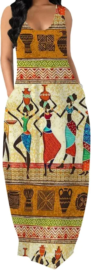 Women's Dress Summer Maxi Dress Casual African Style Graphic Print Sleeveless Tank Dress Loose Flowy Beach Sundress