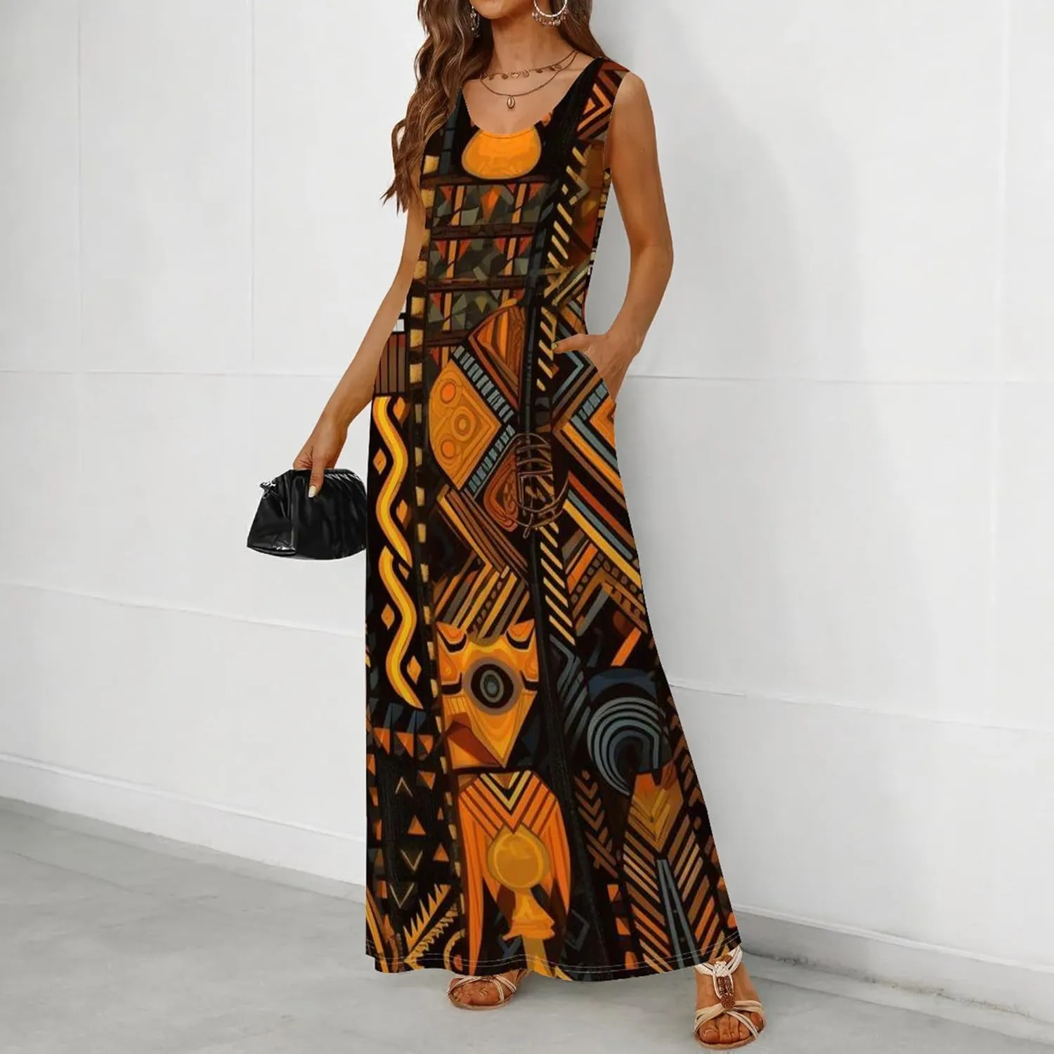 Women's Dress Summer Maxi Dress Casual African Style Graphic Print Sleeveless Tank Dress Loose Flowy Beach Sundress