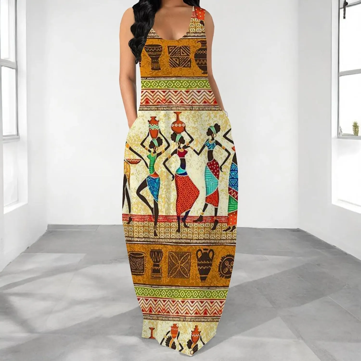 Women's Dress Summer Maxi Dress Casual African Style Graphic Print Sleeveless Tank Dress Loose Flowy Beach Sundress