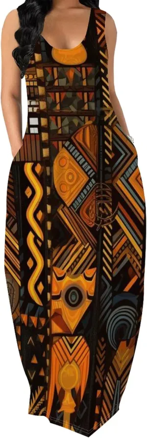 Women's Dress Summer Maxi Dress Casual African Style Graphic Print Sleeveless Tank Dress Loose Flowy Beach Sundress