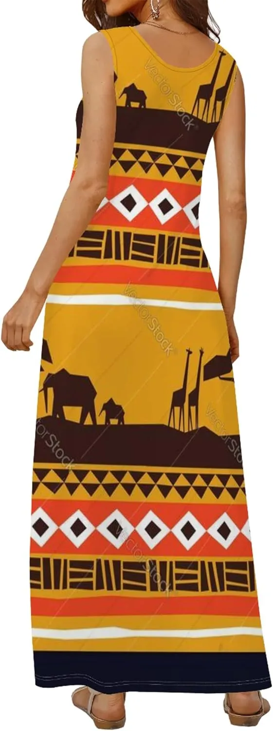 Women's Dress Summer Maxi Dress Casual African Style Graphic Print Sleeveless Tank Dress Loose Flowy Beach Sundress