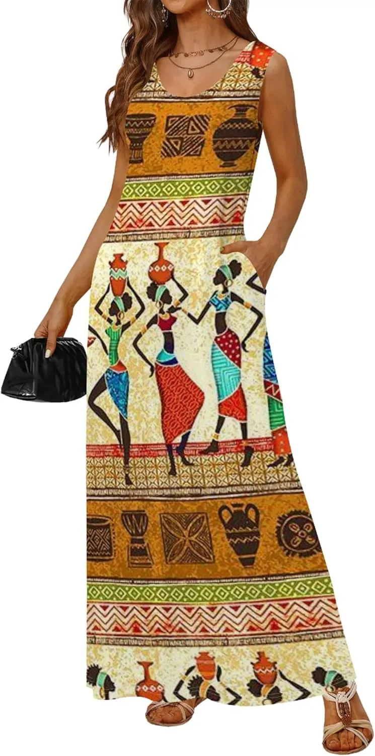 Women's Dress Summer Maxi Dress Casual African Style Graphic Print Sleeveless Tank Dress Loose Flowy Beach Sundress