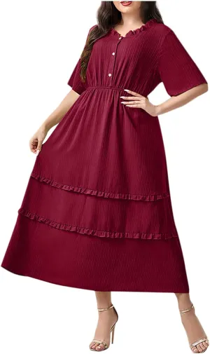 Womens Fashion Ruffle Trim Summer Dresses Casual Crewneck Button Short Sleeve Buckle Waist Midi Dress