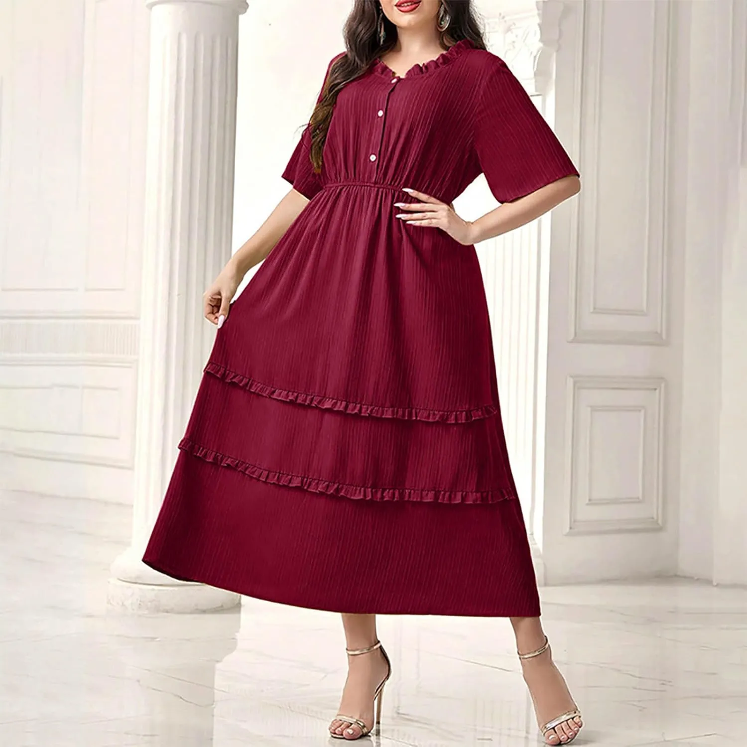 Womens Fashion Ruffle Trim Summer Dresses Casual Crewneck Button Short Sleeve Buckle Waist Midi Dress