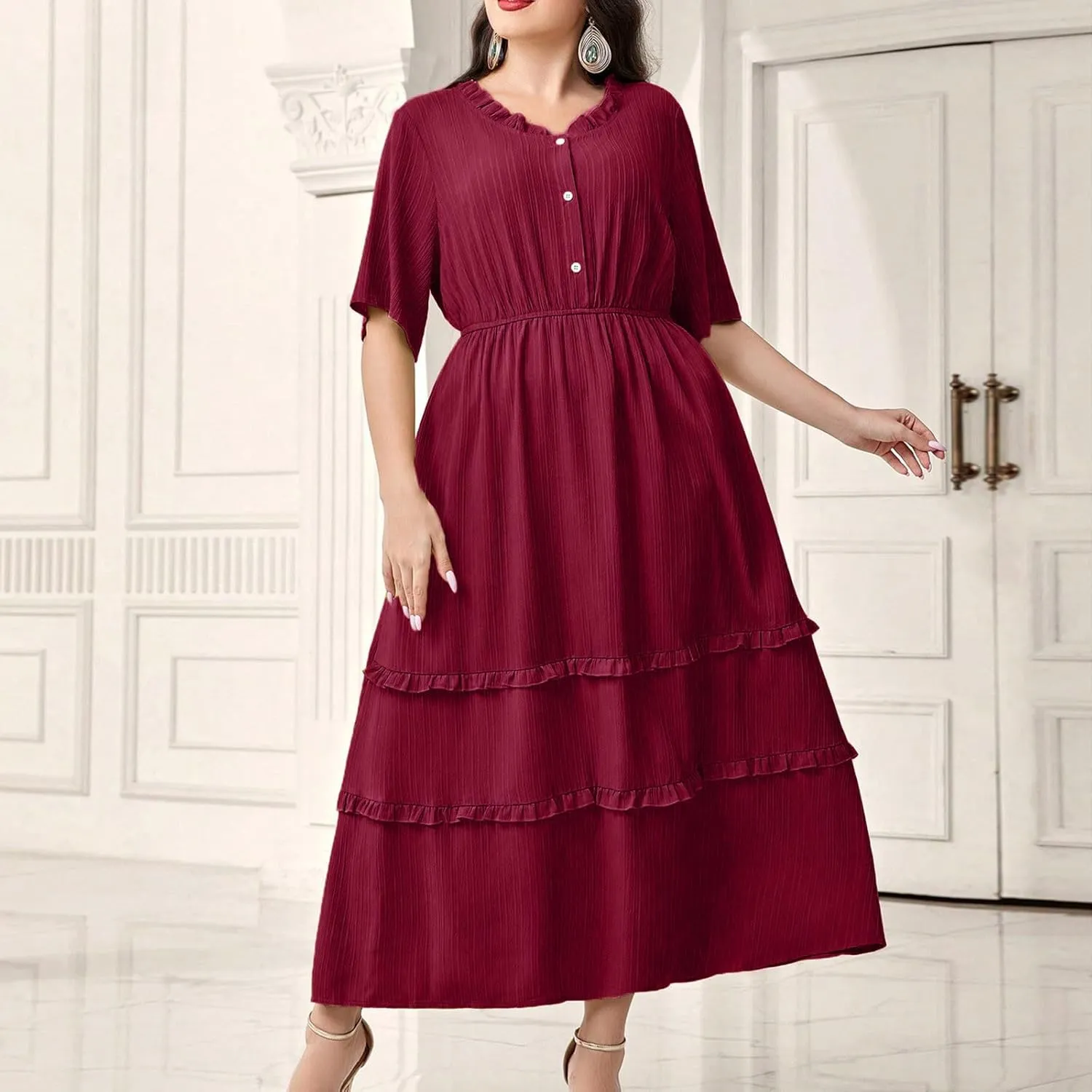 Womens Fashion Ruffle Trim Summer Dresses Casual Crewneck Button Short Sleeve Buckle Waist Midi Dress